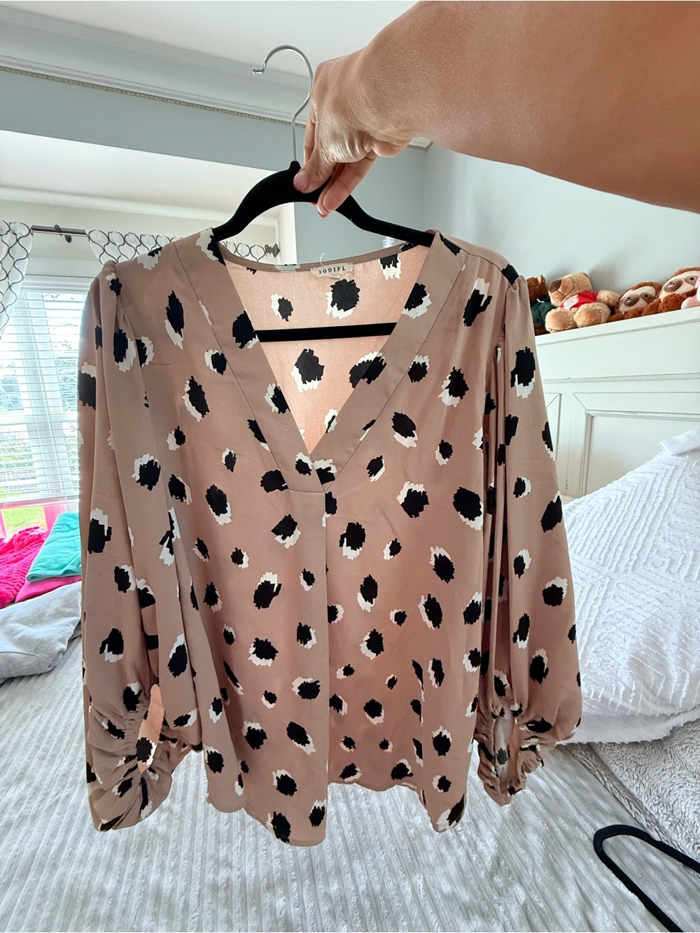JODIFL Taupe V-Neck Blouse with Black and White Spot Print